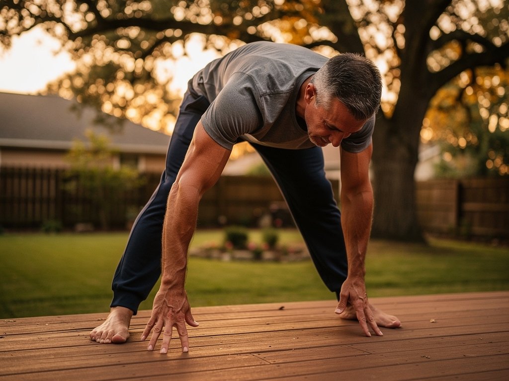 Man in his 40s practicing morning stretching routine outdoors