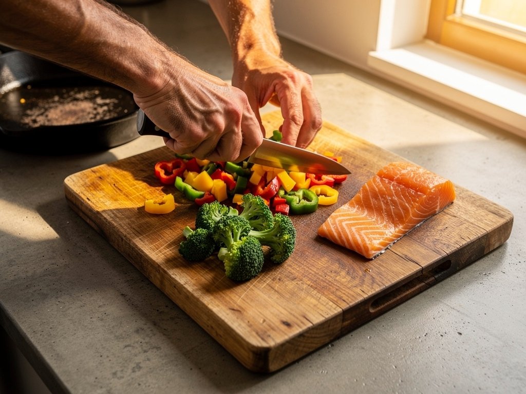 Close-up of hands preparing a nutritious meal with vegetables and lean protein on a wooden cutting board