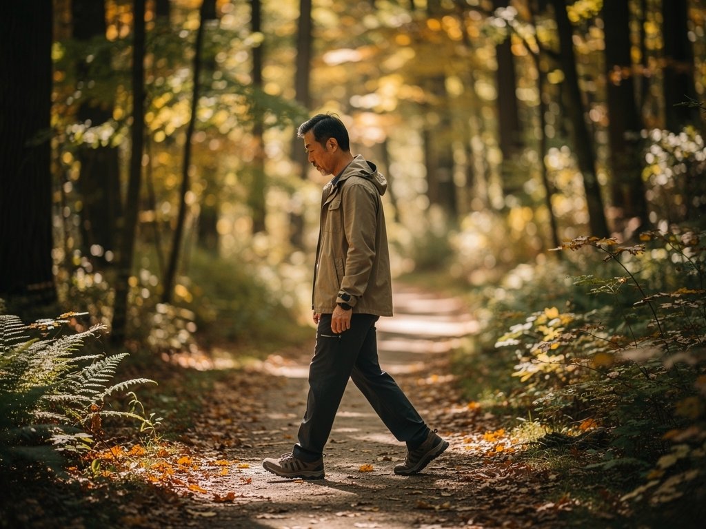 Man in his late 40s walking through a forest trail, relaxed posture, soft natural light through trees
