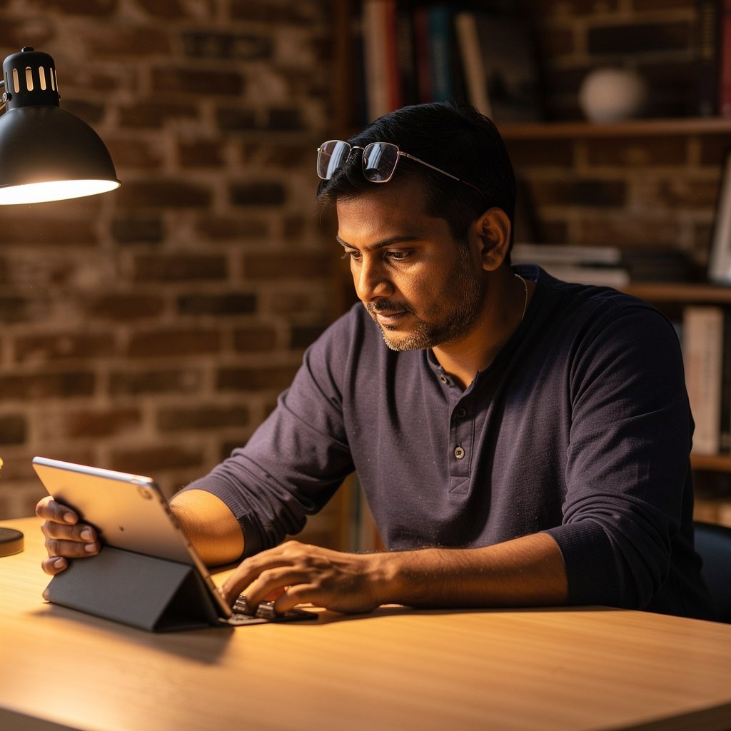 Man in his late 40s reading health content on a tablet at a desk
