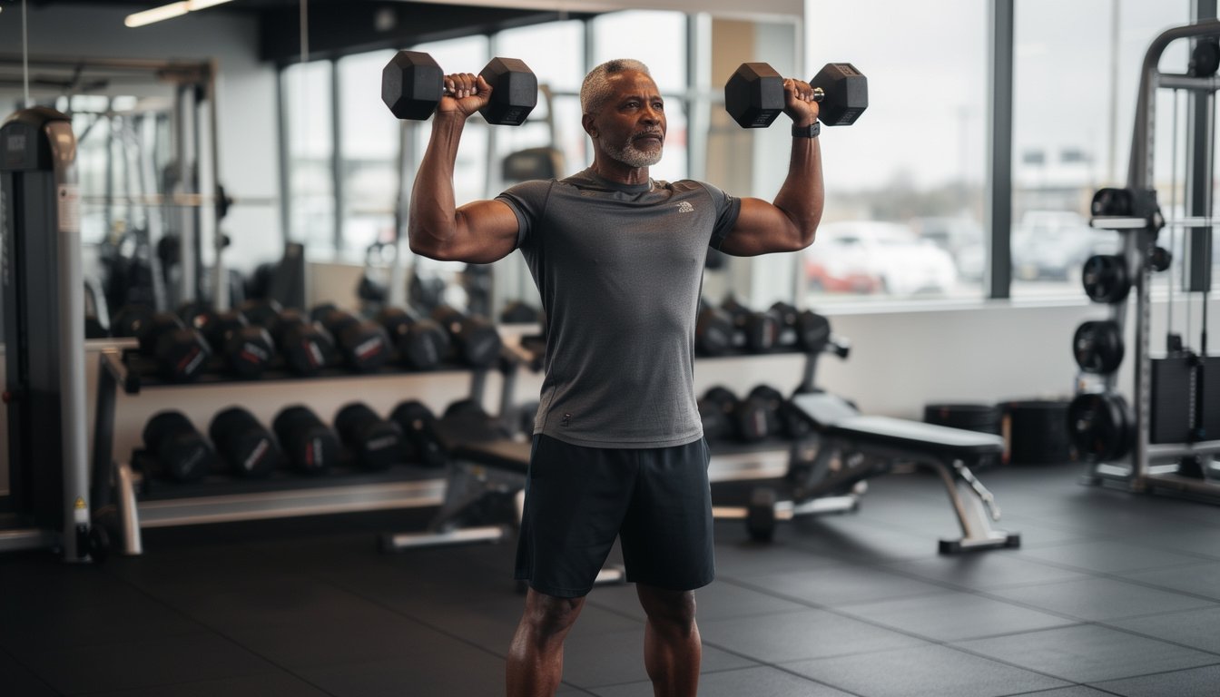 Man in his late 40s performing dumbbell exercises in a well-lit gym, focused posture, athletic clothing