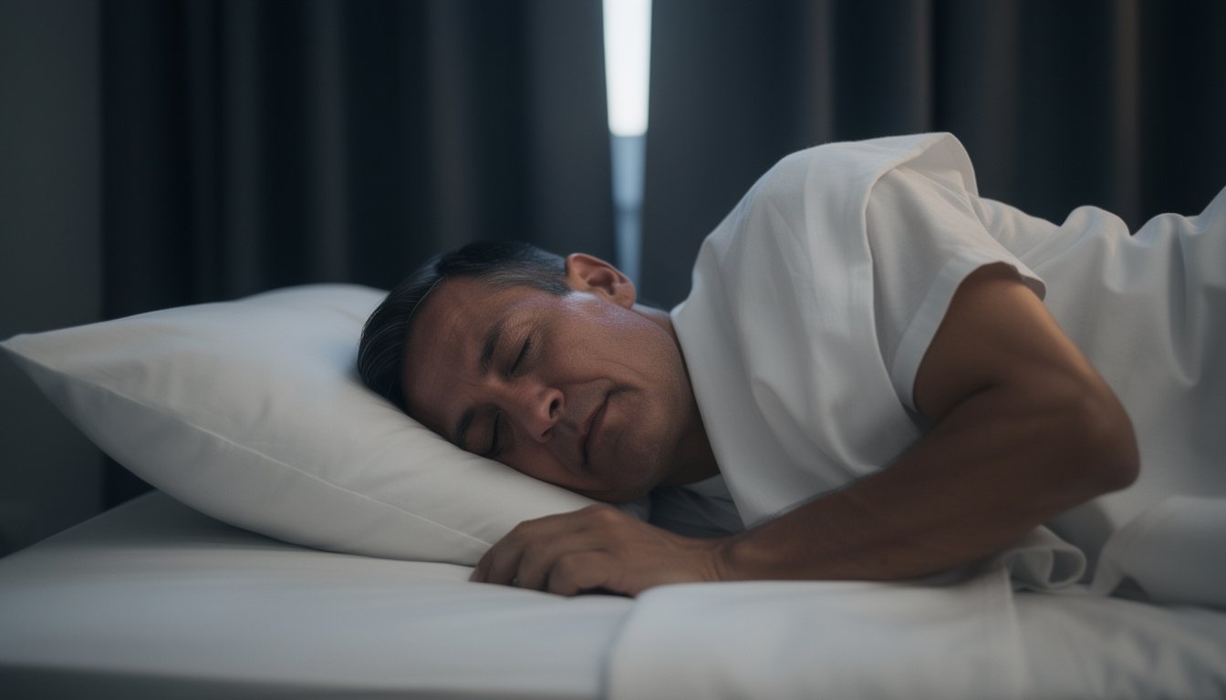 Man in his 50s sleeping comfortably in a dark, well-organized bedroom, natural peaceful expression
