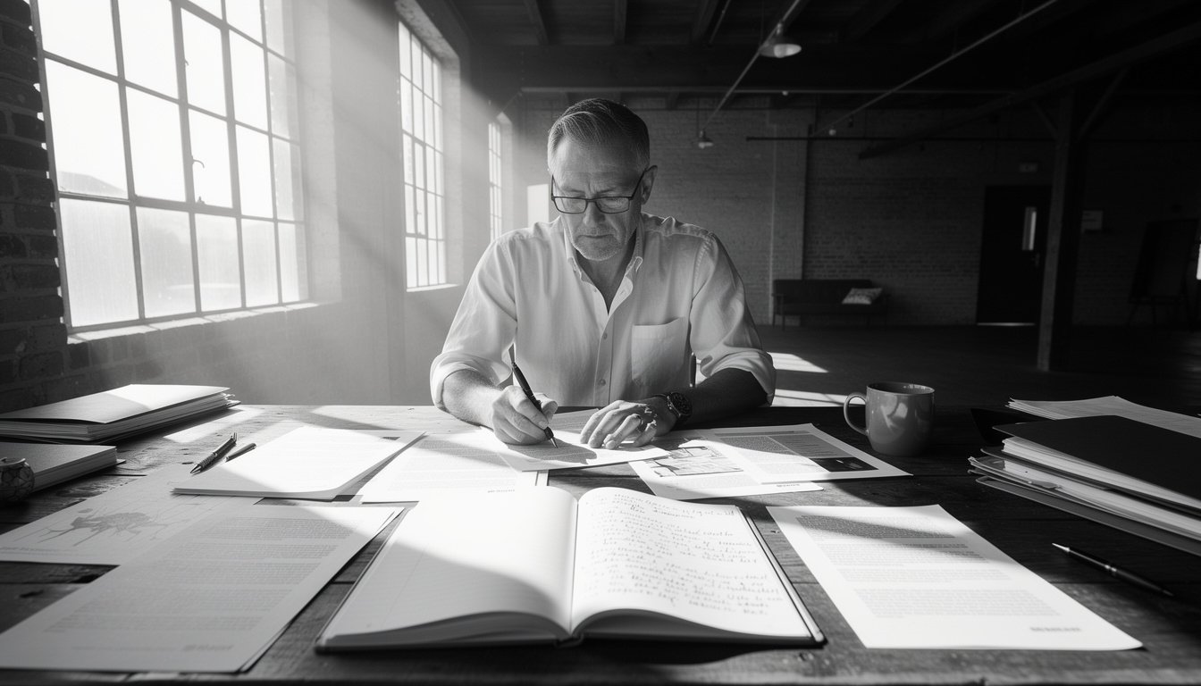 Man in his mid-50s sitting at a desk reading research materials, focused expression, natural window light