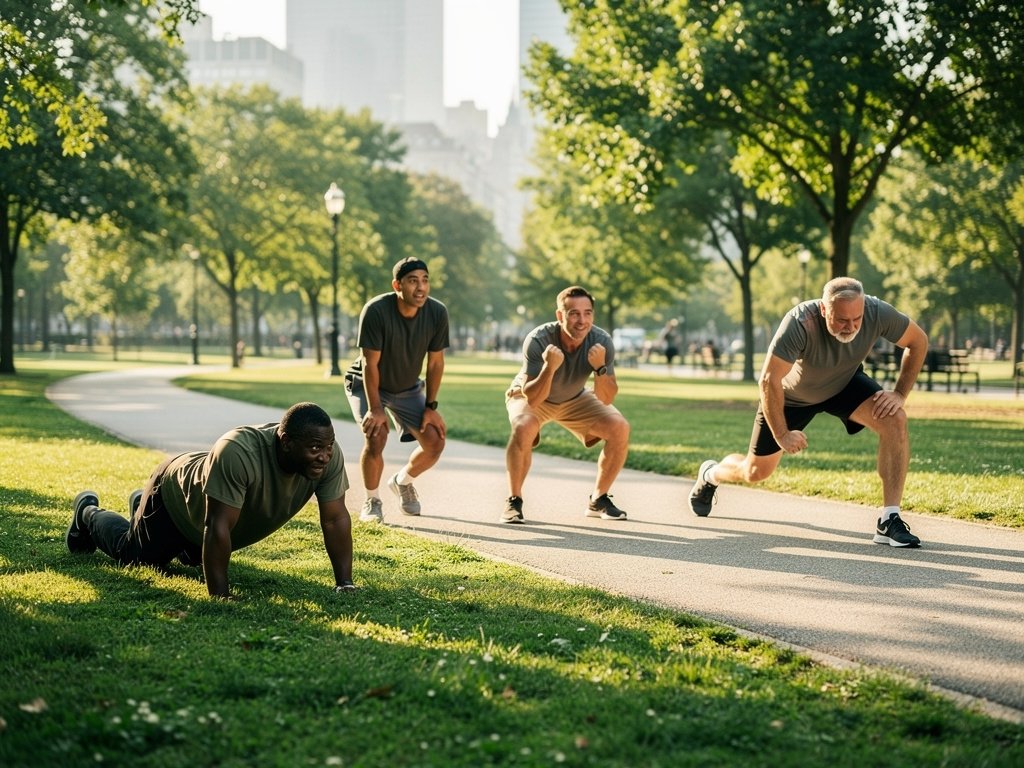 Group of men aged 40-55 doing outdoor fitness training in a park