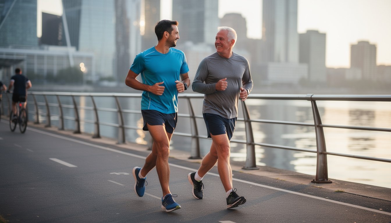 Two men of different ages, approximately 35 and 58, jogging together on an urban path, conversing naturally, morning light